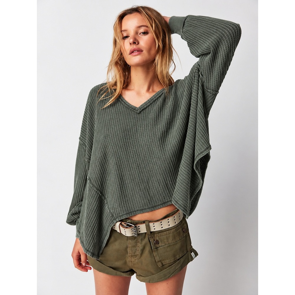 We The Free Green Coraline Thermal V-Neck Waffle Knit Top XS